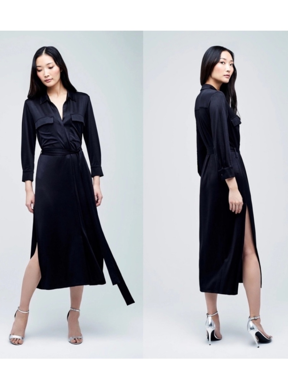Lagence Rivi Long Sleeve Midi Button Down Dress Shirtdress Tie Knit Jersey
